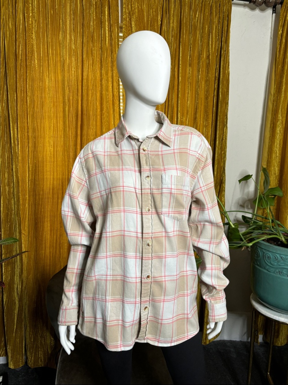 BDG Beige, White and Pink Plaid Button-Down Shirt. Super soft and comfortable.